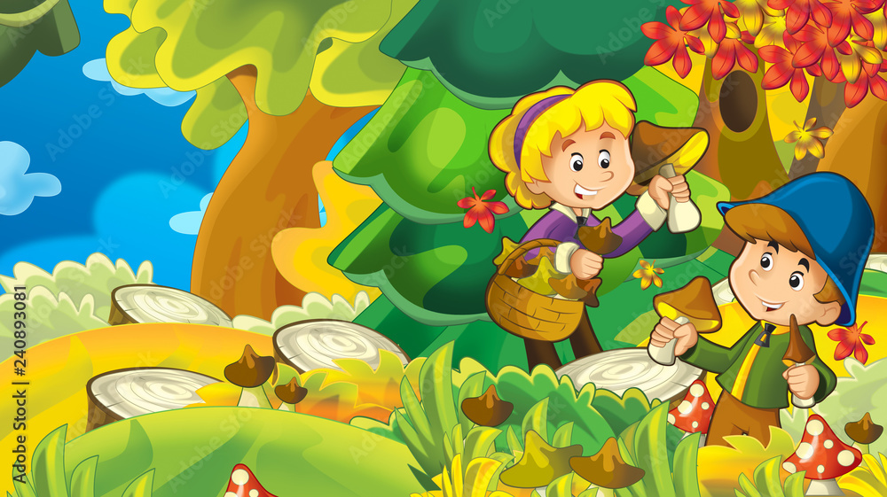 Naklejka premium cartoon autumn nature background with girl and boy gathering mushrooms - illustration for children