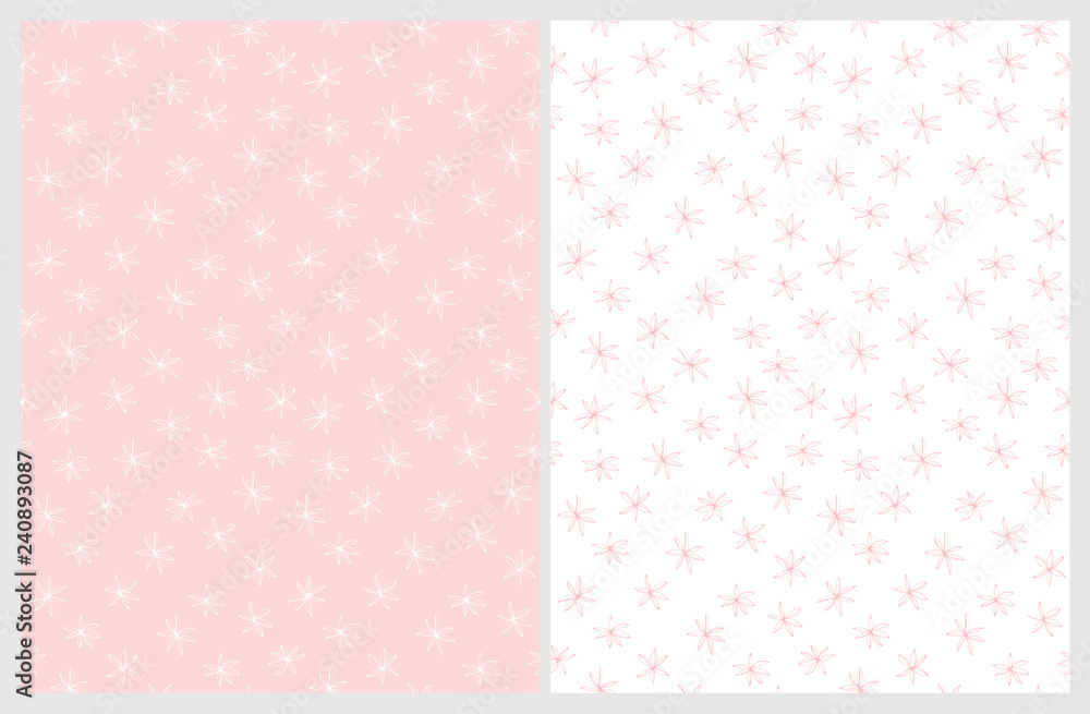 Hand Drawn Flowers Vector Patterns. Light Pink and White Color Design. Floral Repeatable Patterns. Pastel Colors. Light Pink and Whte Background.