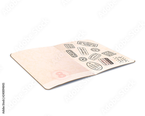 Open foreign passport with black immigration stamps, travel document with in perspective on white