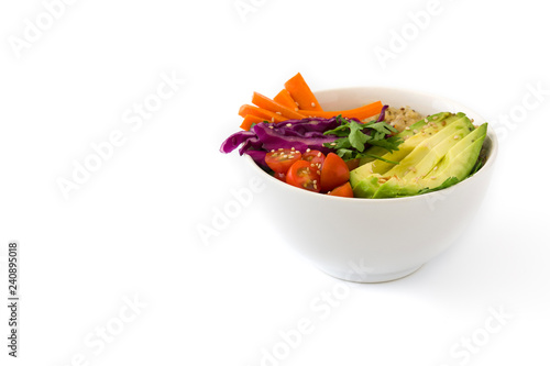 Vegan Buddha bowl with fresh raw vegetables and quinoa isolated on white background. Copyspace