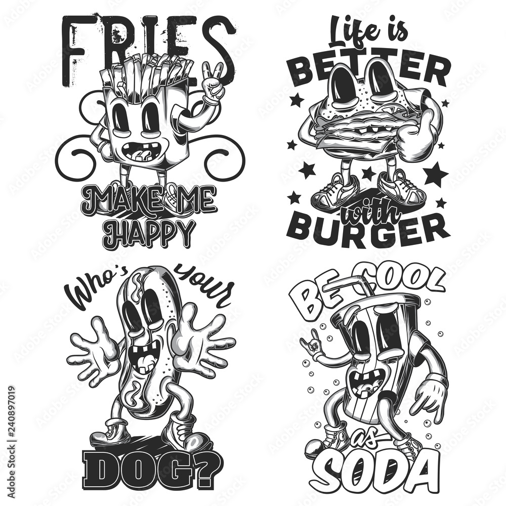 Set of labels with funny fries, burger, hot dog and soda characters. Logo design. hand drawn illustration. Isolated on white background.