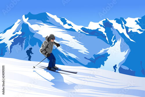 vector illustration of skier mountains snow ski mask rest in mountains