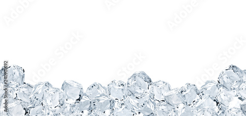 Melted clear ice cubes pile isolated on white background 