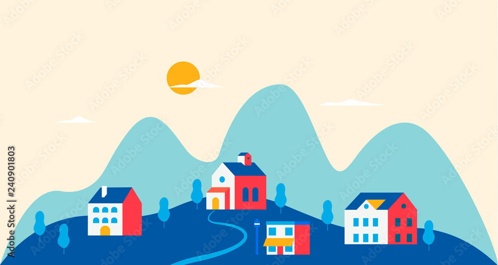 Trendy vintage urban landscape. City with traditional buildings and houses, trees. Modern concept vector illustration