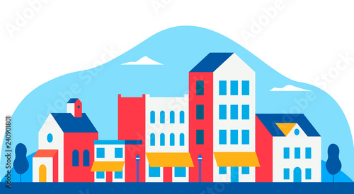 Trendy vintage urban landscape. City with traditional buildings and houses, trees. Modern concept vector illustration © Olga