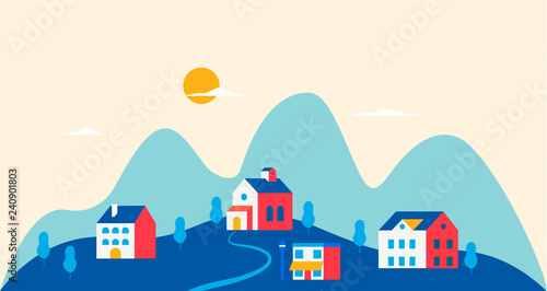Trendy vintage urban landscape. City with traditional buildings and houses, trees. Modern concept vector illustration