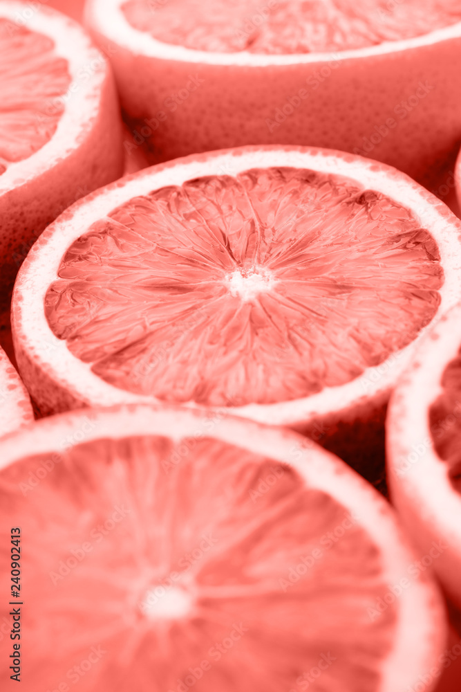 Mixed citrus fruit figs, limes on a living coral background. Mixed citrus fruit figs, limes on a living coral background.