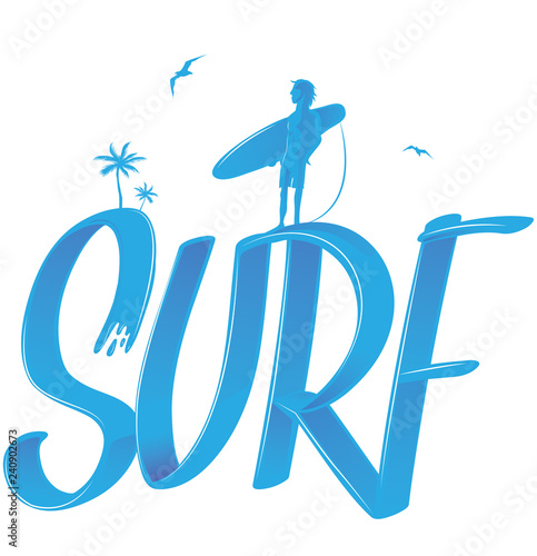 surf lettering with palms and surfer , 3d style. vector illustration