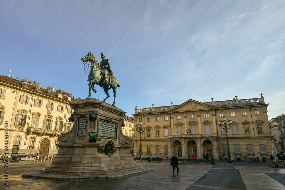 Giambattista Bodoni Square in Turin center with the equestrian statue of the General Alfonso La Marmora (1804-1878) created by Stanislao Grimaldi in 1881, Turin, Piedmont, Italy