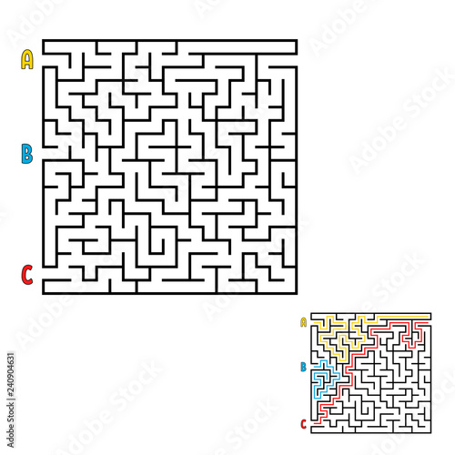 Abstract square maze. Game for kids. Puzzle for children. Find the right way to the exit. Labyrinth conundrum. Flat vector illustration isolated on white background. With the answer.