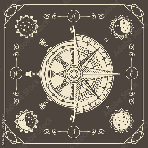 Vector banner with wind rose, old compass, ship wheel, decorative moons and suns in various phases in retro style on the brown background. Illustration on the theme of travel, adventure and discovery.