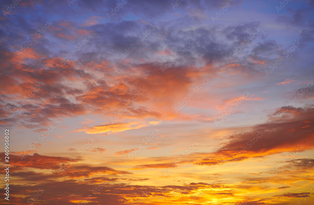 Sunset sky clouds orange and blue - obrazy, fototapety, plakaty 