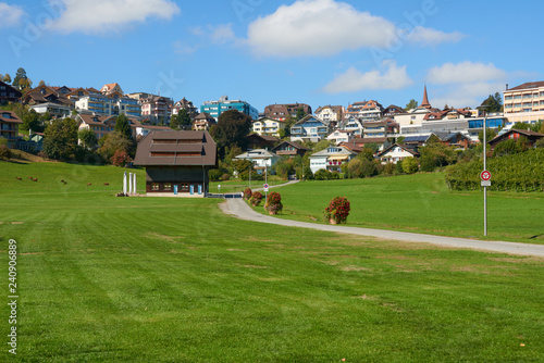 Town Spiez on the shore of Lake Thun in the Bernese Oberland region in Switzerland.