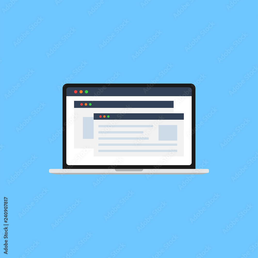 Laptop surf internet, web pages, website, social media, browser or doing work. Icon, flat illustation. Laptop surf internet, web pages, website, social media, browser or doing work. Icon, flat illustation.