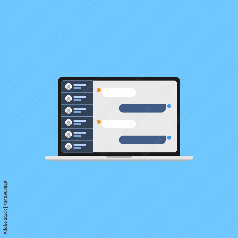 Laptop chatting in social media, work on project or have an conference. Icon, flat illustation. Laptop chatting in social media, work on project or have an conference. Icon, flat illustation.