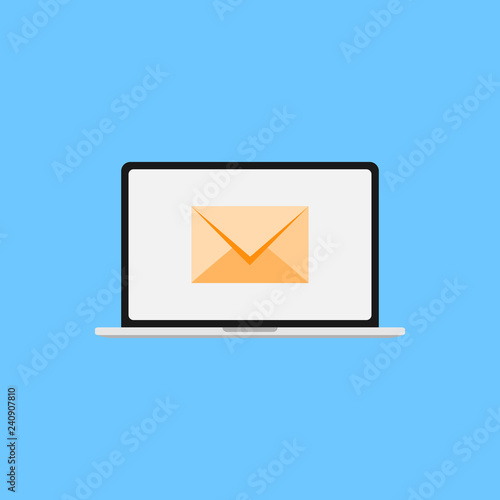 Laptop receiving mail or news. Icon, flat illustation.