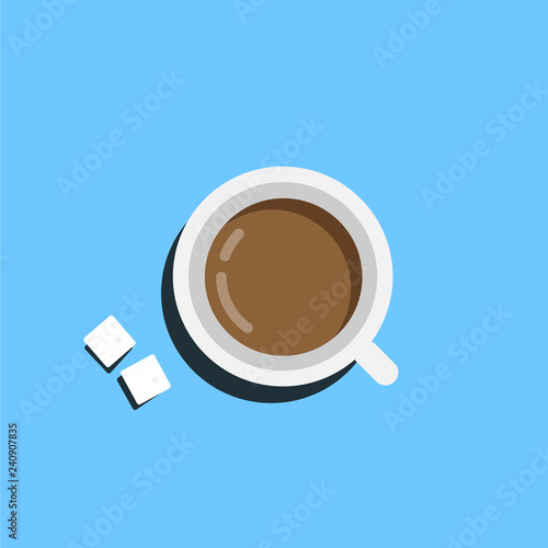 Cup of coffee with suggar. View from above. Flat illustration.