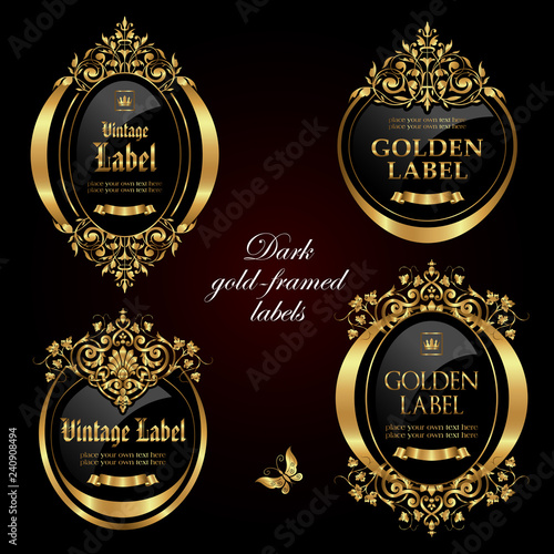 Dark gold-framed and decorated labels - vector design