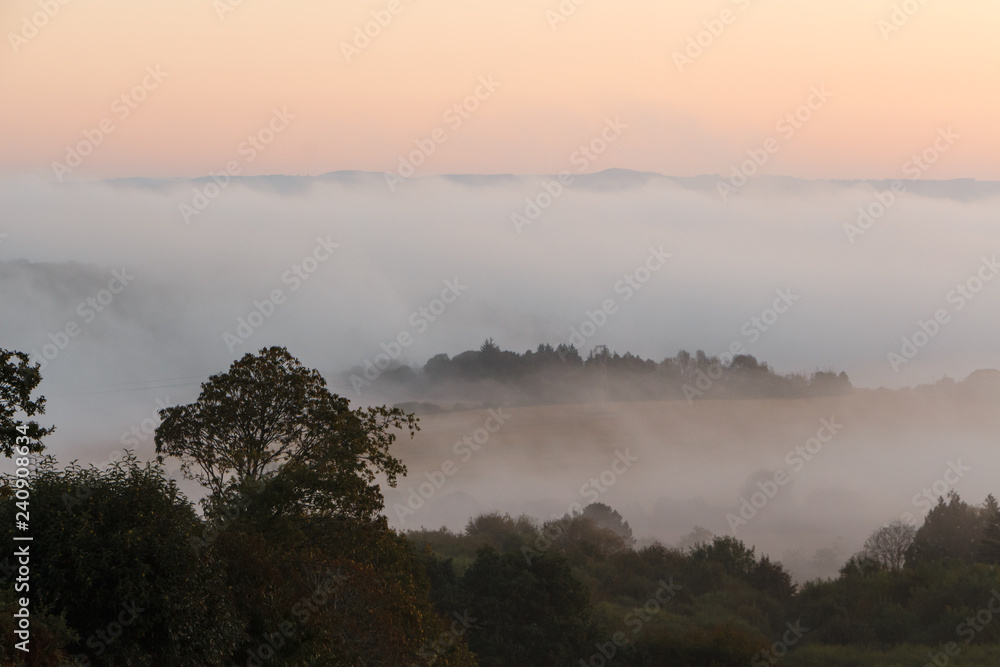 Campagne sous la brume au lever du soleil en Bretagne