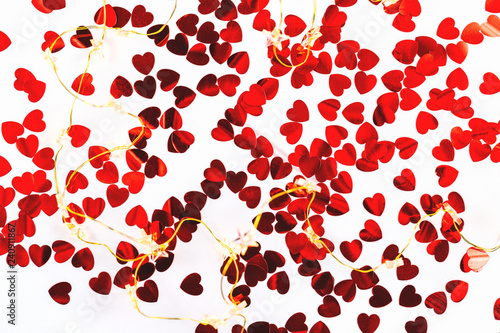 Red Heart shaped confetti and lights background