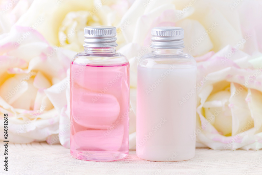 natural cosmetic bottles with fresh rose flowers, organic beauty treatment natural cosmetic bottles with fresh rose flowers, organic beauty treatment