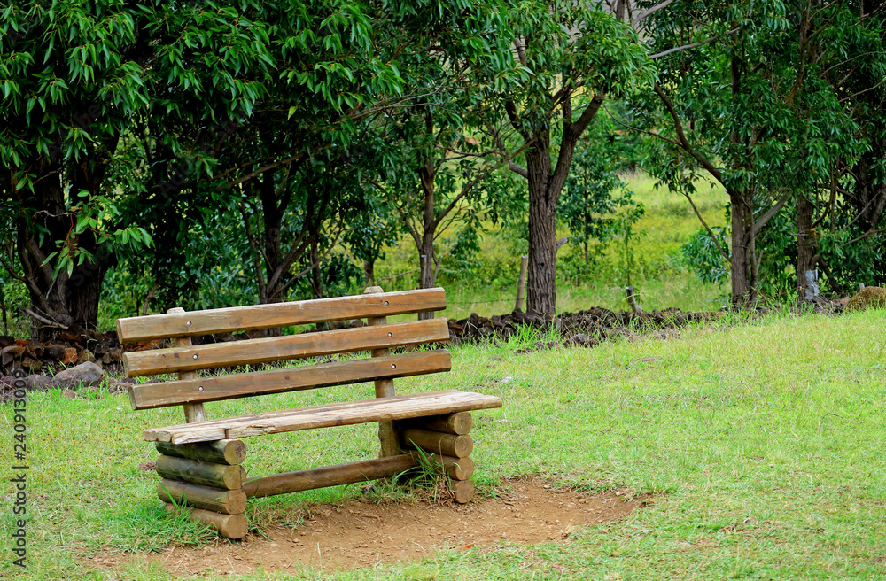 Wooden Bench on the Green Grass Field of Ahu Akivi, Easter Island of Chile Wooden Bench on the Green Grass Field of Ahu Akivi, Easter Island of Chile