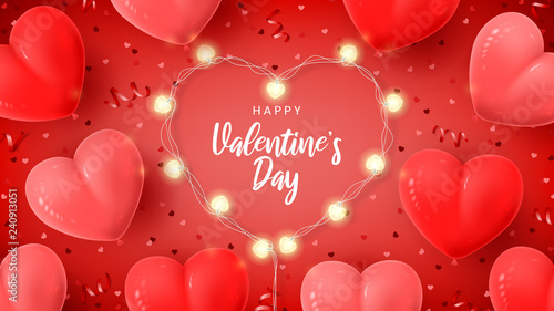 Happy Valentine's Day holiday banner. Vector illustration with 3d red and pink air balloons, red serpentine and confetti, glowing garlands with bulbs in the shape of hearts.