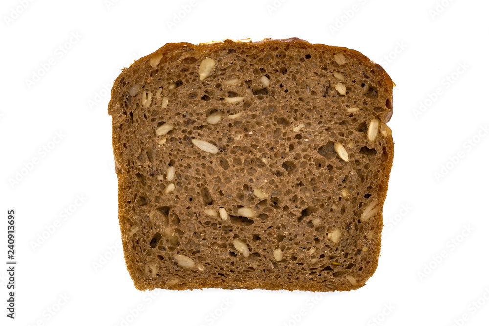 Slice of wholemeal dark bread isolated on a white background in close-up (high details) Slice of wholemeal dark bread isolated on a white background in close-up (high details)