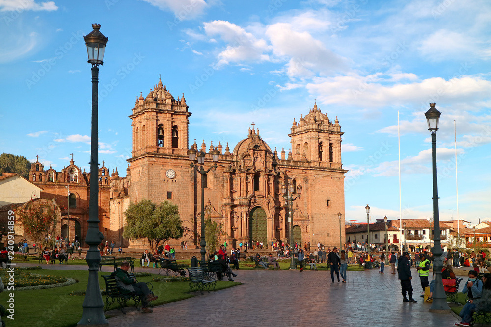 The main square of Cusco, Plaza de Armas with its famous landmark, Cusco Cathedral, Cusco, Peru, South America 