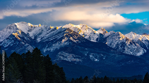 The Rocky Mountans in the setting sun near Fairmont Hot Springs British Columbia Valley in the East Kootenays in the winter