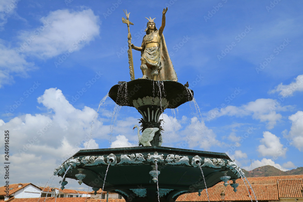 Statue of Pachacuti Inca Yupanqui on the Fountain Top at Plaza de Armas, the Main Square of
