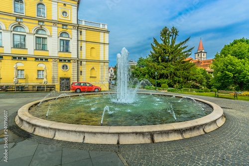 Varazdin fountain square Croatia. / Scenic view at square with marble fountain in Varazdin city center, Croatia Europe.  photo