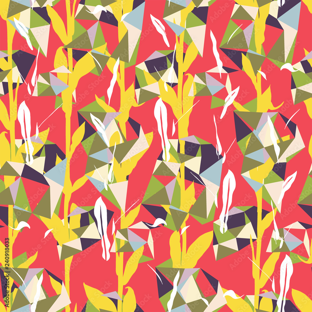 Floral pattern with bright leaves and geometric motif Floral pattern with bright leaves and geometric motif