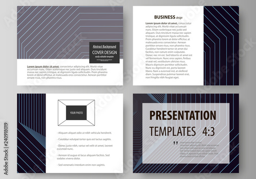 Business templates for presentation slides. Vector layouts in flat style. Abstract polygonal background with hexagons, illusion of depth. Black color geometric design, hexagonal geometry.
