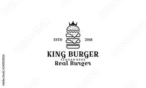 Burger factory logo. Hamburger restaurant emblem. Linear flat logo. Big burger and letters on a dark background. - Vector