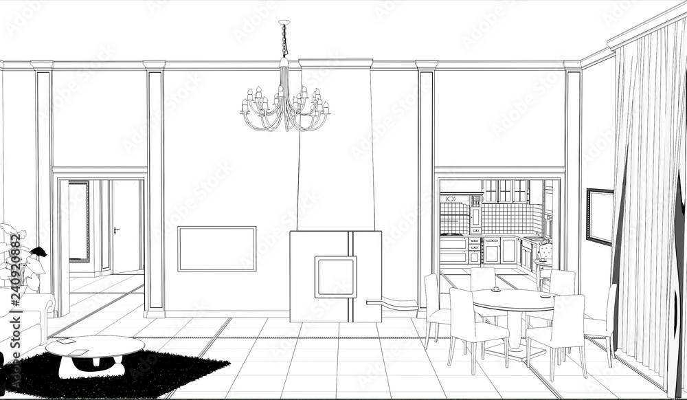 interior contour visualization, 3D illustration, sketch, outline interior contour visualization, 3D illustration, sketch, outline