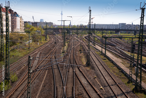 High angle view of railway tracks in Germany - multiple rail lines converging and receding into the distance