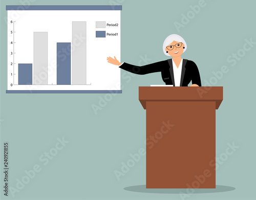 Smiling elderly speaker woman stands behind the brown wooden lectern and carries out the report, makes analysis of the `Vertical Stripes` chart. Blue background Vector illustration