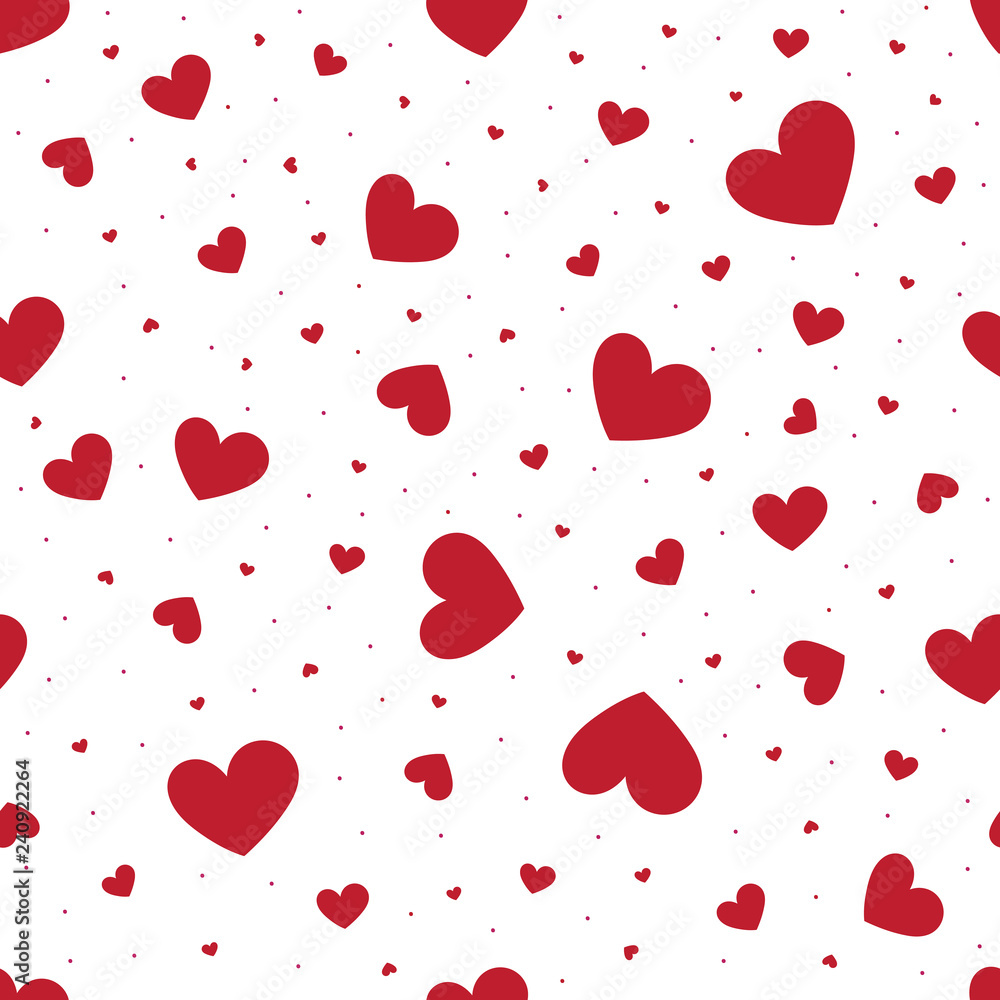 Vector seamless pattern of scattered red hearts on a white background. Illustration of hand-drawn shapes of various sizes.