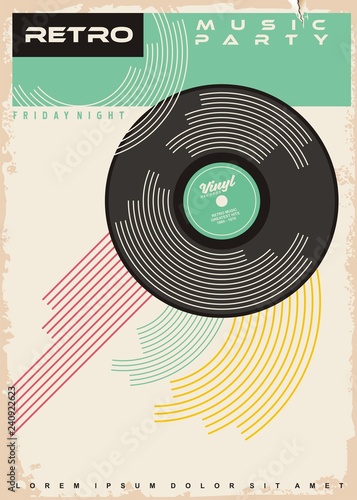 Retro music party poster design. Vinyl record gramophone disc on old paper texture. photo