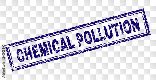 CHEMICAL POLLUTION stamp seal print with rubber print style and double framed rectangle shape. Stamp is placed on a transparent background.