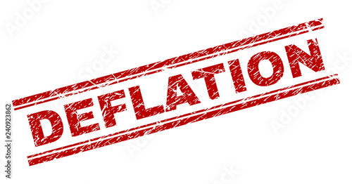 DEFLATION seal print with corroded texture. Red vector rubber print of DEFLATION text with corroded texture. Text tag is placed between double parallel lines.