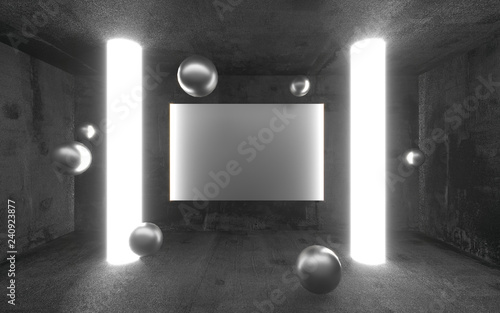 Empty abstract concrete show room with the glowing light and copy space. Modern exhibition studio mockup for product presentation. Illuminated empty concrete futuristic interior. 3D Rendering. © volmon