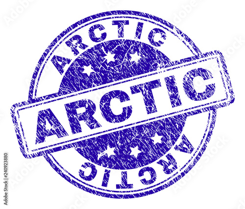 ARCTIC stamp seal imprint with distress texture. Designed with rounded rectangles and circles. Blue vector rubber print of ARCTIC caption with corroded texture.