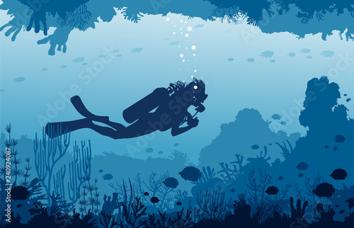 Scuba divers, cave, coral reef, fishes. Underwater sea and water sport.