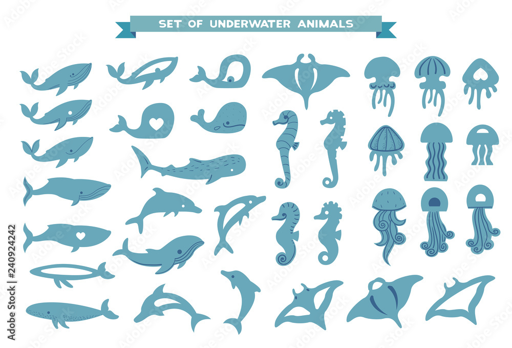 Set of underwater animals - whale, dolphin, jellyfish, manta ray, seahorse Set of underwater animals - whale, dolphin, jellyfish, manta ray, seahorse