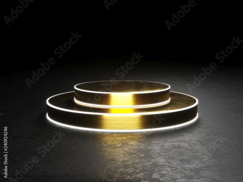 Golden round podium, pedestal or platform, illuminated by led spotlights. illustration. Bright lightpodium. Advertising place. Blank product stand and Abstract background with light. 3d Rendering. photo