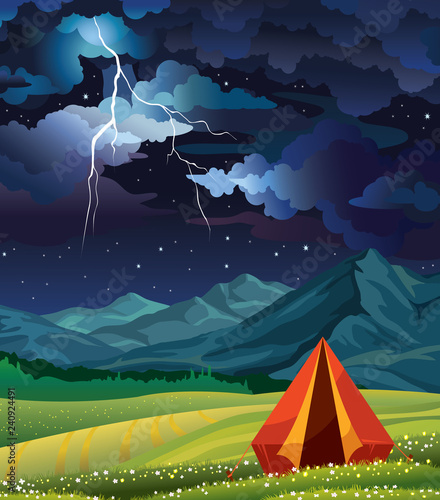 Summer camp - tent, grass, mountain, lightning and night sky.