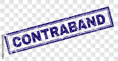 CONTRABAND stamp seal print with rubber print style and double framed rectangle shape. Stamp is placed on a transparent background. Blue vector rubber print of CONTRABAND caption with dirty texture.