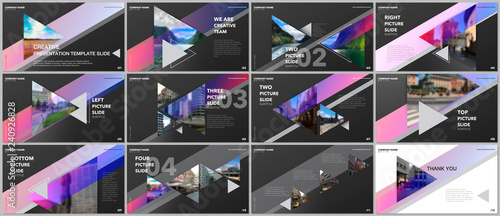 Minimal presentations design, portfolio vector templates with triangles and triangular elements. Multipurpose template for presentation slide, flyer leaflet, brochure cover, report, advertising.